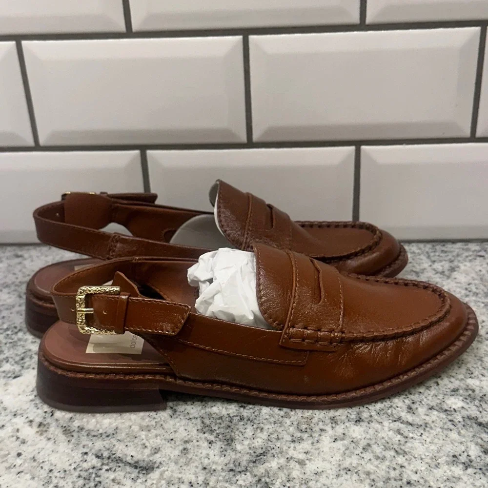 Dolce Vita Womens 6 Slingback Loafers Cognac Leather Buckle Preppy Dark Academia